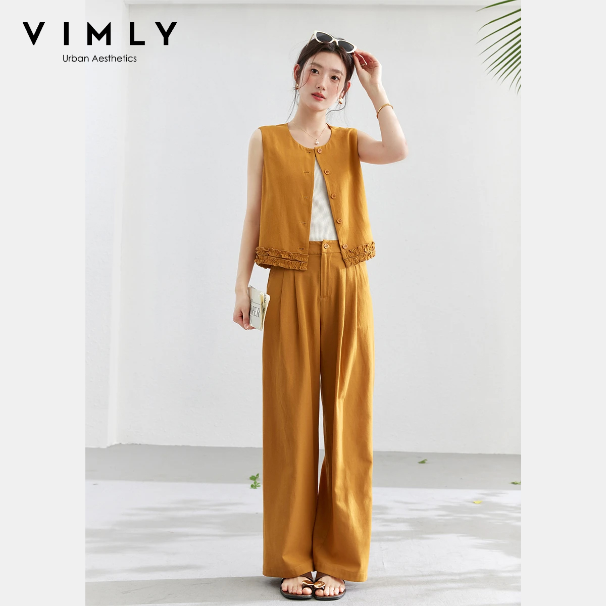 Комплект VIMLY для офиса из двух предметов: женский укороченный жилет без рукавов с рюшами и брюки с широкими штанинами, повседневный наряд, новинка лета 2026, модель A6153