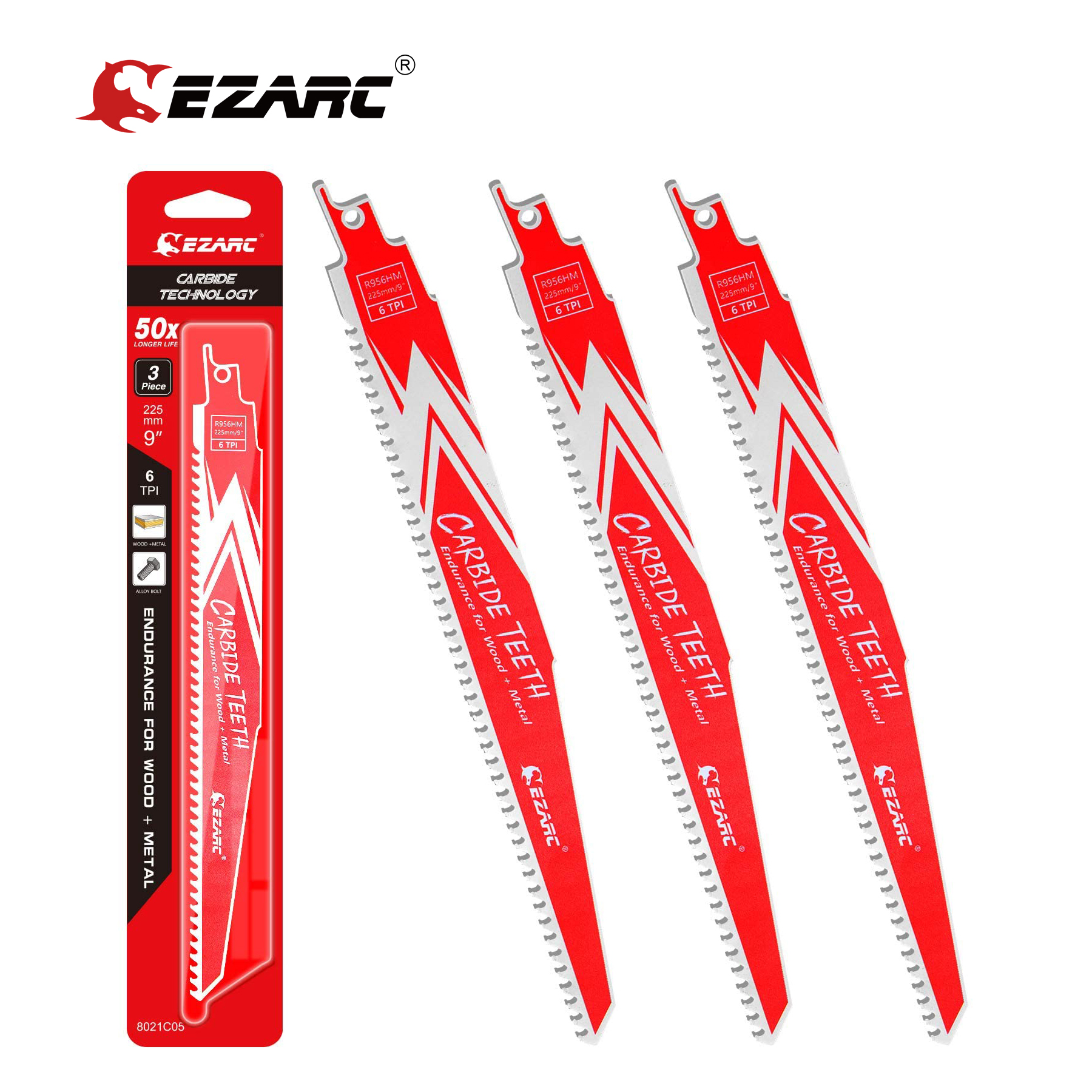 EZARC 3 unidades de resistência de lâmina de serra alternativa de carboneto para demolição de madeira dura e metal R656HM e R956HM 150 mm (6 '') 225 mm (9'') 6TPI