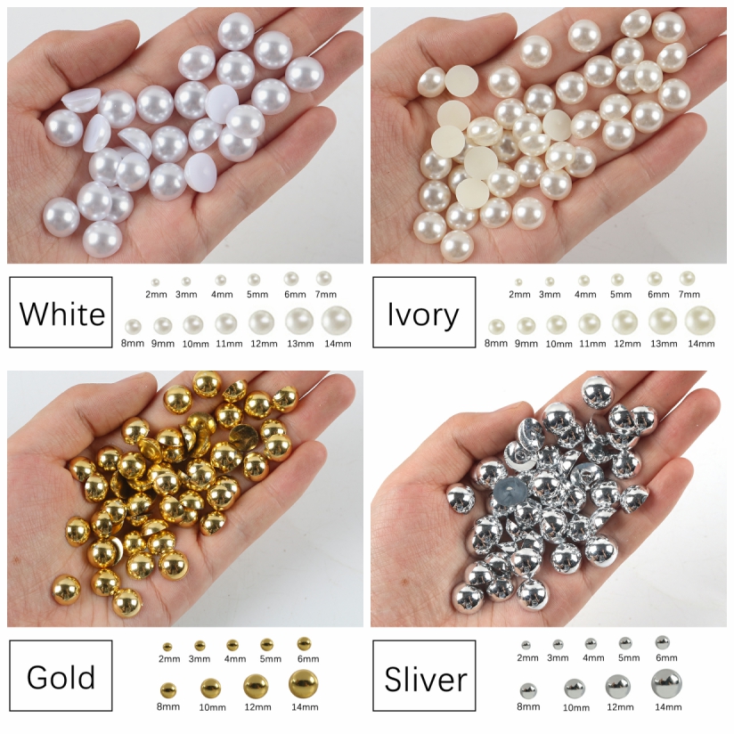 Argent Or Demi Perle Ronde Perle 2mm 3mm 4mm 5mm 6mm 8mm Perles Flatback Bijoux Perles pour Nail Art DIY Décoration de coque de téléphone