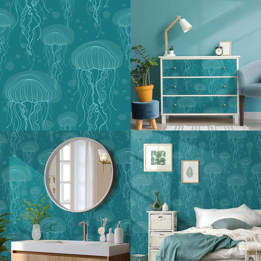 Coastal Nautical Peel and Stick Wallpaper - Ocean Beach Theme, Waterproof, Dark Turquoise Green for Bathrooms