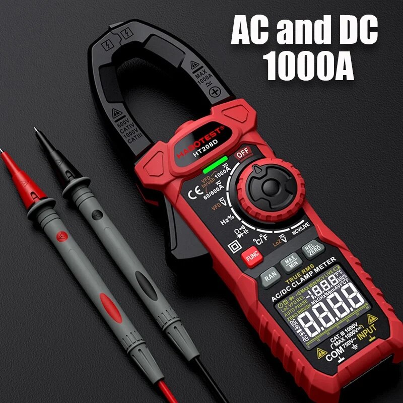 HT208A/D アンプメータークランプ AC/DC、1000A 真の実効値マルチメータテスター、6000 カウント、温度、NCV、LPF、電圧および電流テスト付き