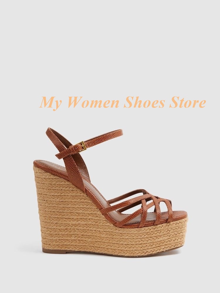 Sandal Wedges Platform Tali Gesper Coklat Ujung Terbuka Tali Tipis Runway 2026 Sepatu Gaun Wanita Musim Panas Hak Tinggi Terbaru