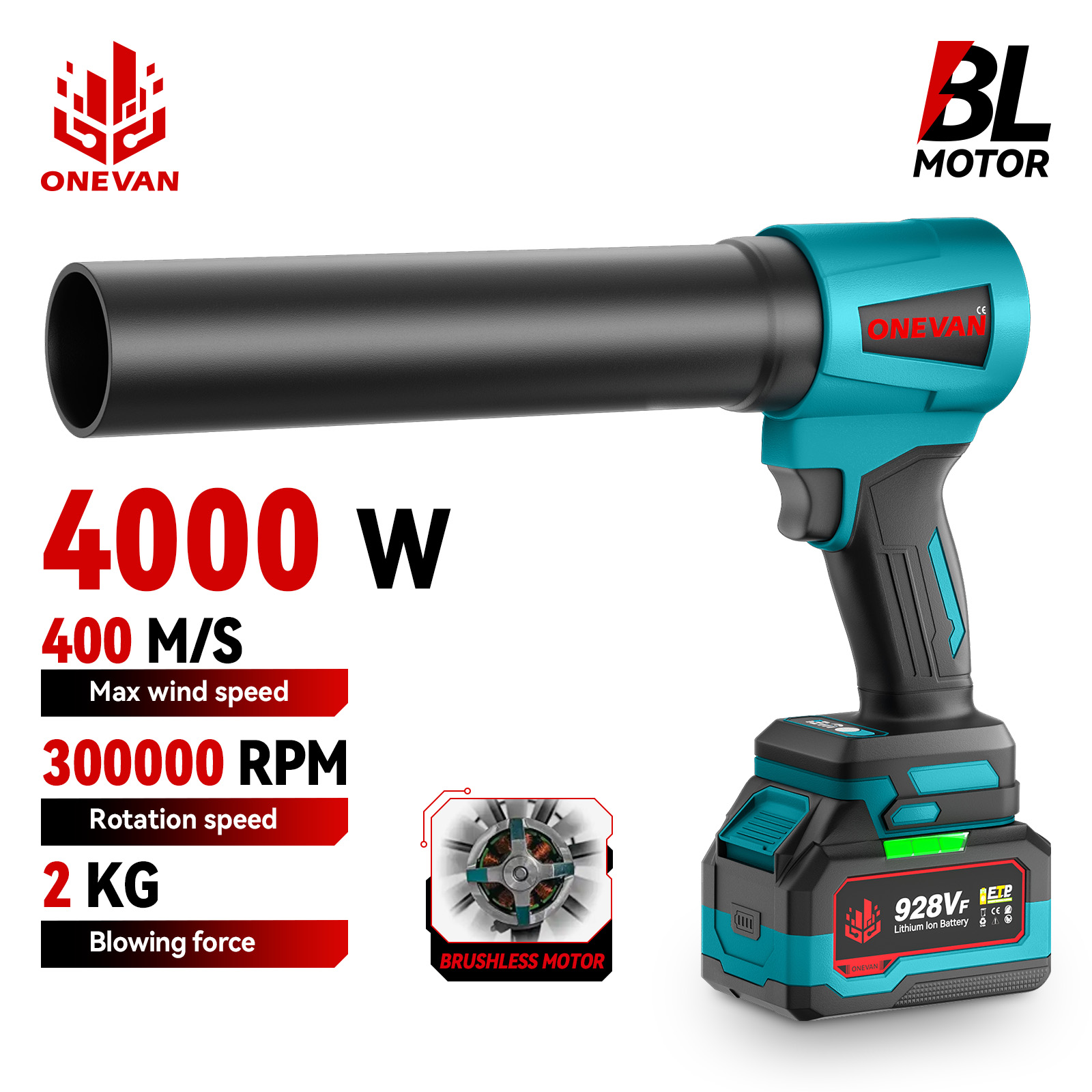 ONEVAN 400 M/S 4000W ventilador Turbo sin escobillas de alta potencia ventilador de aire eléctrico ventilador de chorro herramienta de polvo de hojas de nieve para Pin de batería Makita