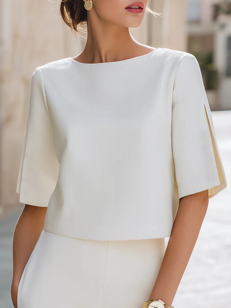 Damesblouse met korte mouwen en splitmouwen, ronde hals, elegante kantoorkleding, casual zomermodeoverhemd