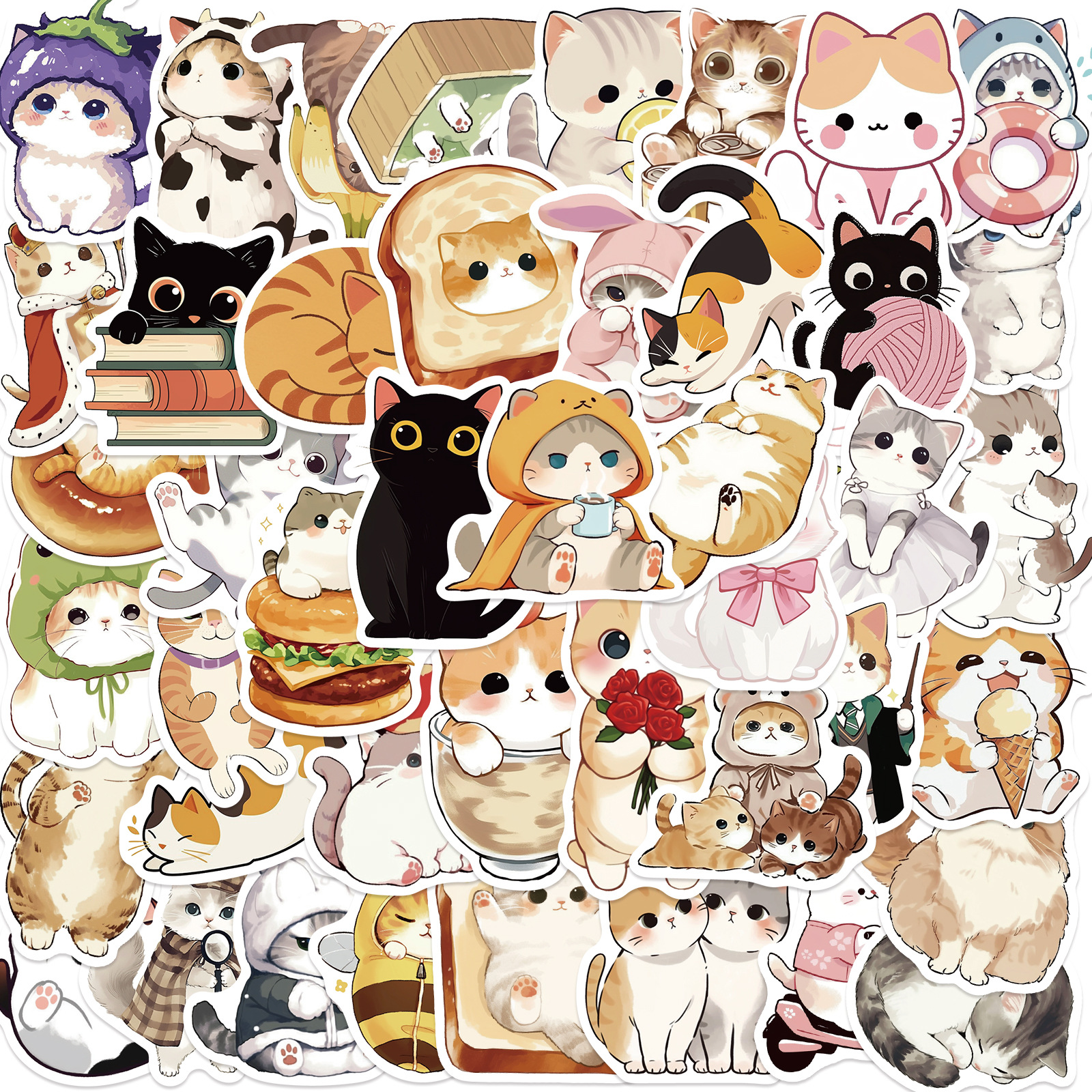 50 pegatinas de gatos de dibujos animados para portátiles, monopatines, guitarras, cascos, pegatinas estéticas para manualidades, regalos creativos para niños