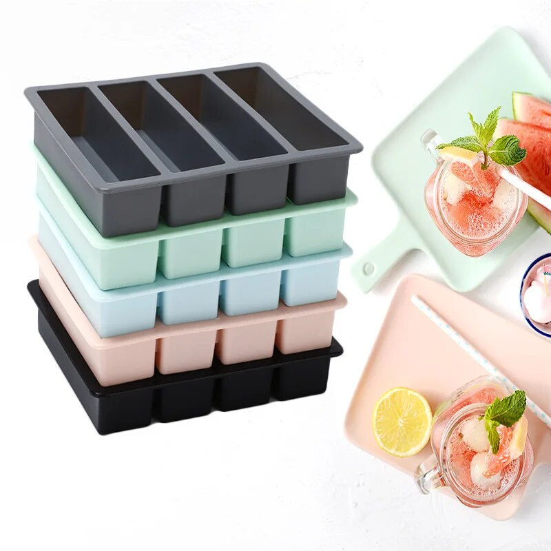 Lange Streifen aus Silikon, 4 Gitter, riesige Silikon-Eiswürfel, quadratische Tablettform, ungiftig, langlebig, Hersteller von Wein-Eiswürfeln