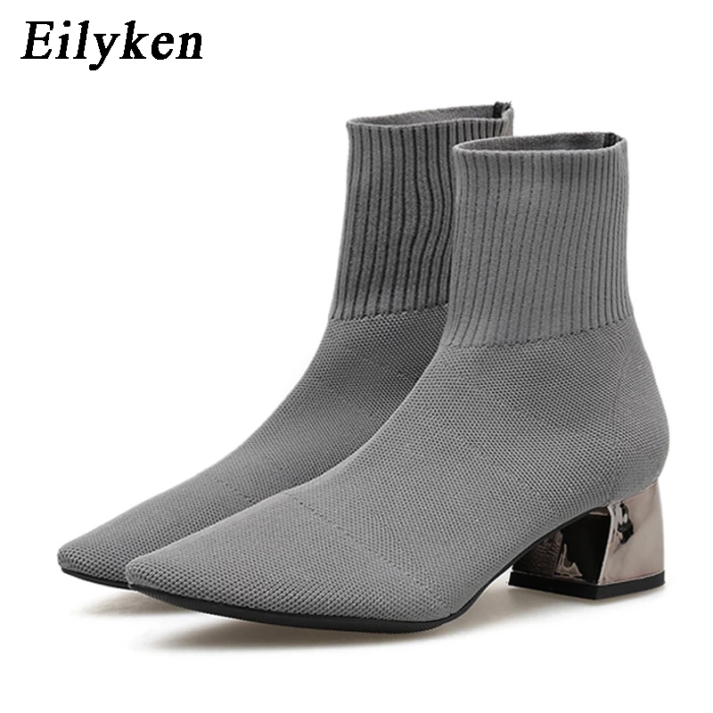EilyKen осенне-зимние вязаные носки из эластичной ткани, женские короткие сапоги на низком каблуке, серые женские ботильоны с острым носком