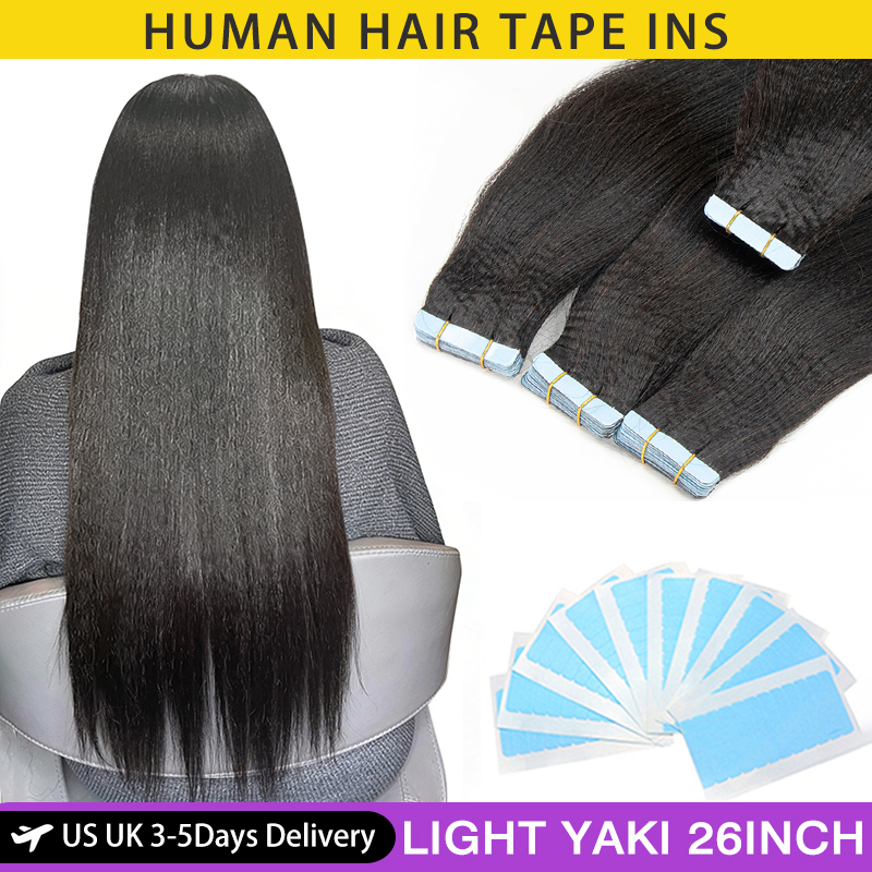 MRSHAIR Light Yaki Tape In Hair Extensions Doczepiane włosy naturalne z nienaruszoną łuską, doczepy na taśmie SilkPressed Yaki, długość 12-26 cali, 20 sztuk