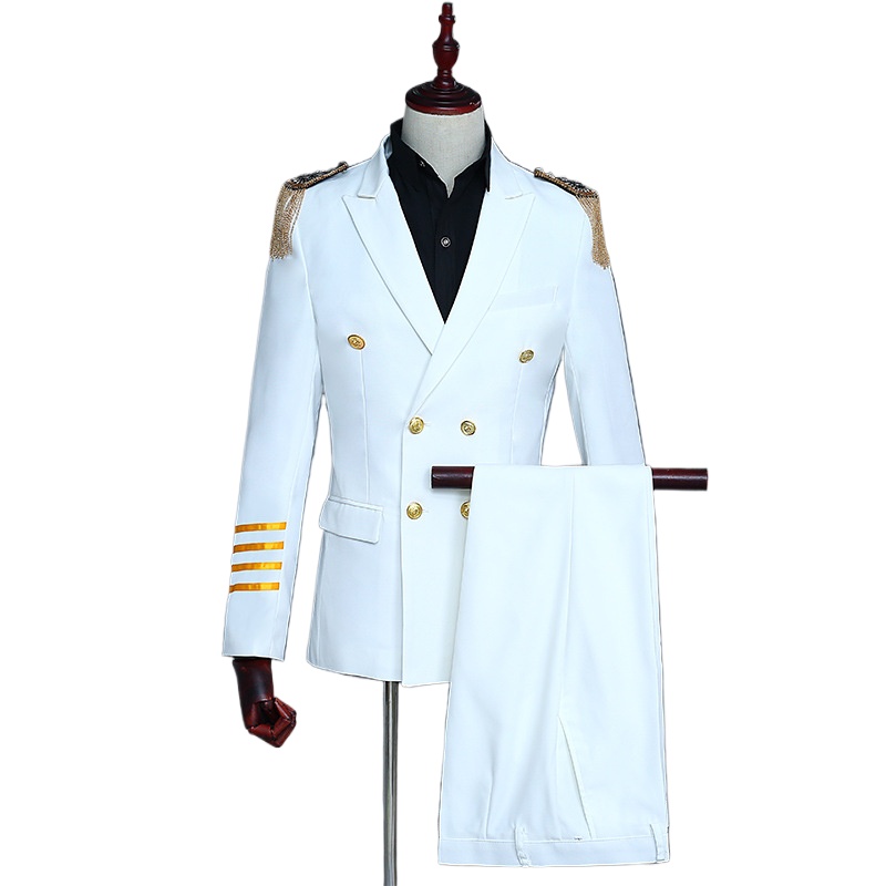 Zweireihiger Kapitänsanzug für Herren, 2-teilig, Party-Quasten-Schulter-Patch, Militär-Performance-Blazer + Hose, Studio-Foto-Kleid