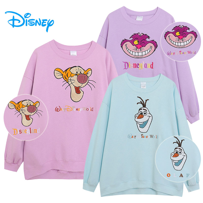 Disney World Disneyland Embroidery Sweatshirt Women Casual Fleece Jumper Tigger Cheshire Cat Cartoon Loose Pullover Top O Neck
