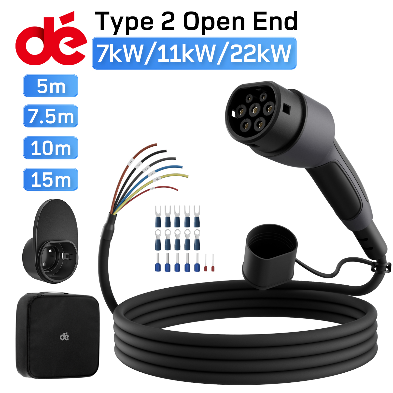 dé tipo 2 ev cabo de carregamento de carro para fio de extremidade aberta 11kw 3 fases 32a 5m 7.5m 10m 15m cabo de extensão para estação de carregamento ip55