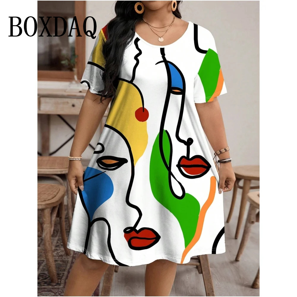 Vestido de moda para mujer, ropa de calle con cara artística pintada, estampado de patrón, pantalón corto informal, vestidos sueltos de manga de talla grande 9XL 2024