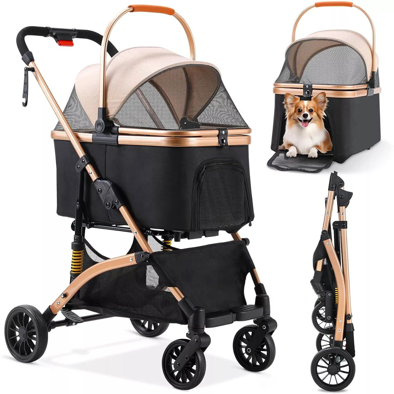 Dog Buggy 2 in 1 รถเข็นเด็กสุนัขกล่องขนส่งรถเข็นเด็กแมวพับได้, 360 °   ล้อยางที่ทนต่อการสึกหรอพร้อมตะกร้าเก็บของ