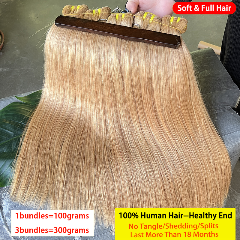 # 27 Paquetes de Cabello Humano Liso Color Rubio Miel, Extensiones de Cabello Humano Virgen 100% Natural para Coser, Doble Trama para Mujeres
