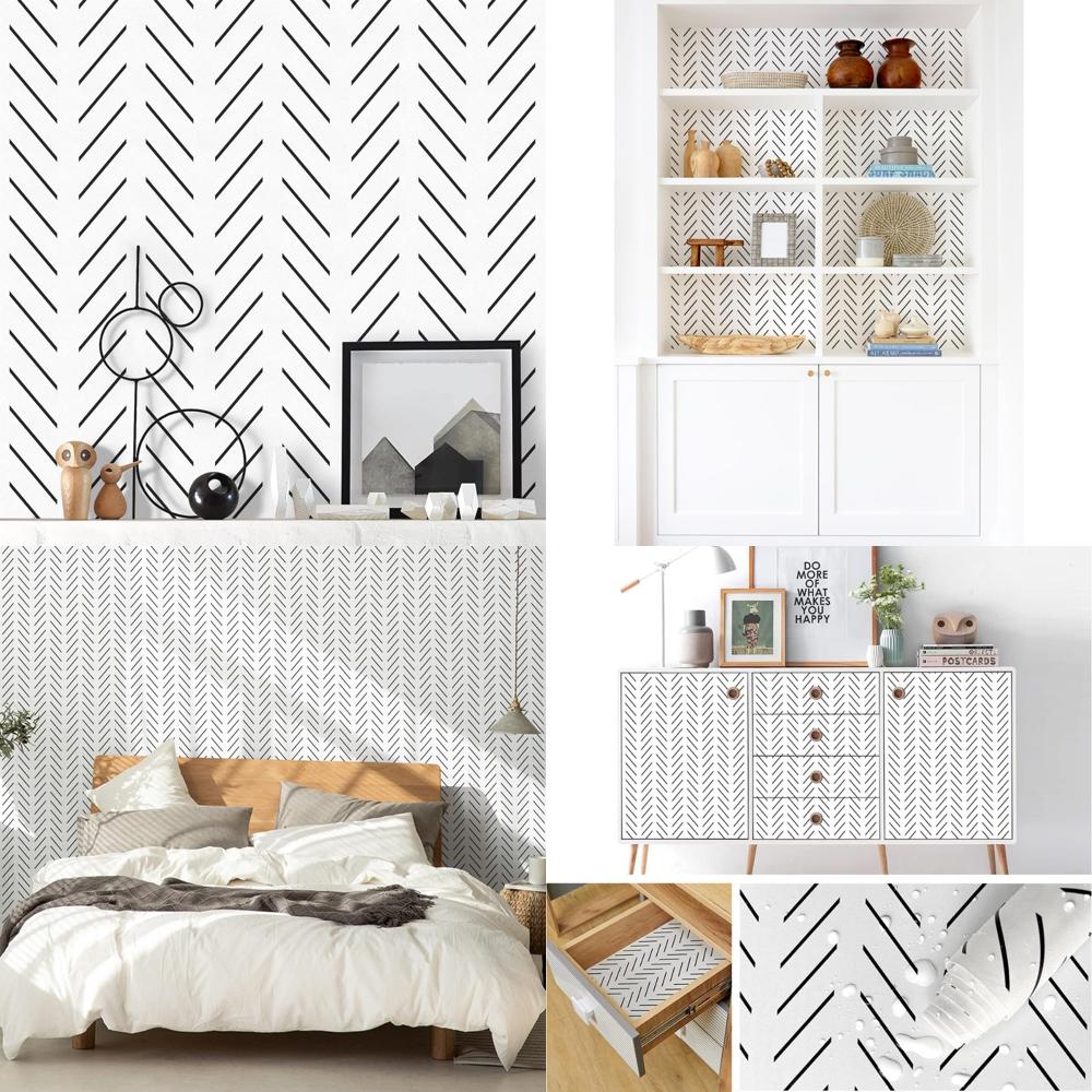 Modern Geometric Herringbone Peel and Stick Wallpaper for Bathroom, Black and White Design, 17.7in x 590.5in Self Adhesive