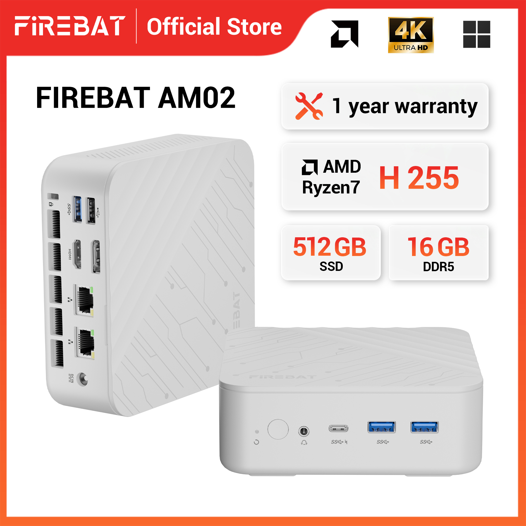 FIREBAT AM02 Mini PC AMD Ryzen 7 H255 DDR5 16GB RAM M.2 PCIe 512GB SSD WiFi6 BT5.2 1000M LAN Computador Desktop Portátil Windows11