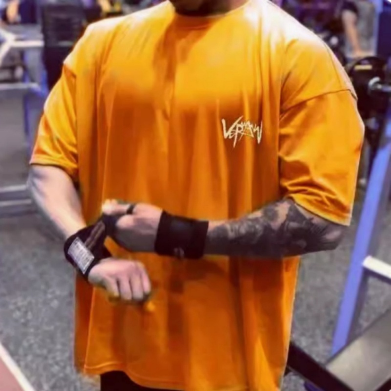 新しいラウンドカラースポーツ Tシャツオーバーサイズコットンサマー Tシャツトレーニングランニングシャツ男ストリート半袖メンズ Tシャツ