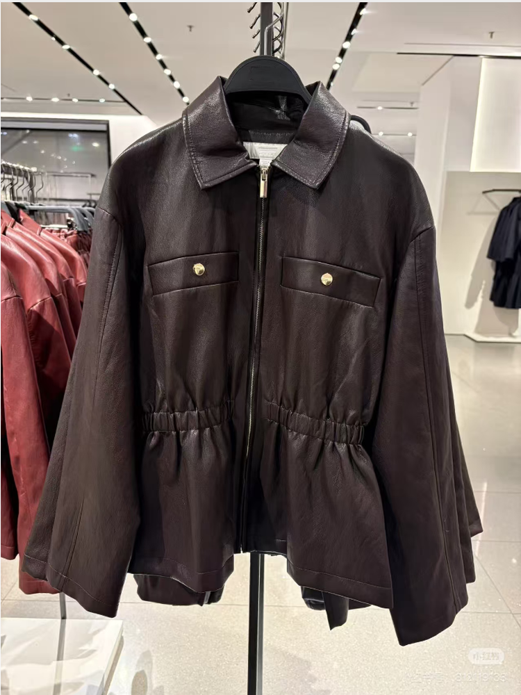 Winter 2025 Women's Casual Sle Long Sve Faux Leather Jaet Elastic Waistcoat Biker Coat Zipper Closure  Color