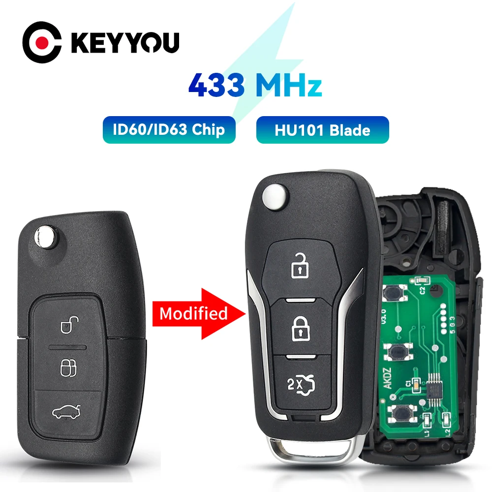 KEYYOU – clé télécommande de voiture 4D60/63 433MHZ, pour Ford Fiesta Focus 2 Ecosport Kuga Escape C Max Ka, lame HU101 à 3 boutons