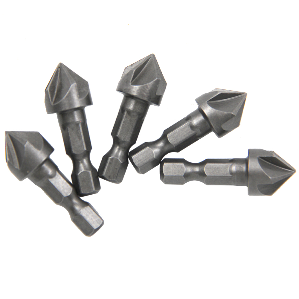 Herramienta de biselado de cinco bordes con mango hexagonal pequeño, cortador de biselado, abridor de agujeros para carpintería, herramienta de escariado facial, broca