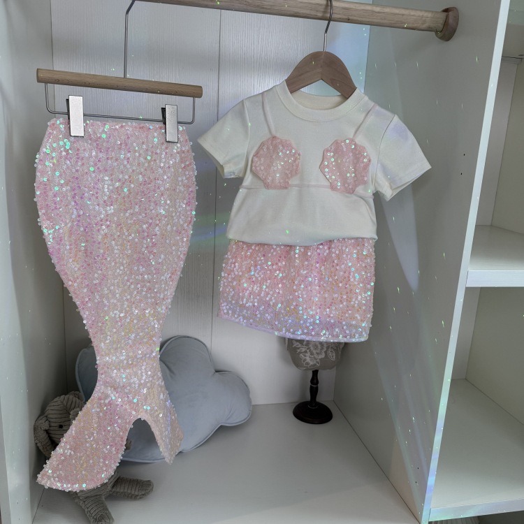 Girl Mermaid Set Design Short Sleeved T-shirts Anti Glare Skirt Pants Sequined Fish Tail Three Piece Set Princess Skirt