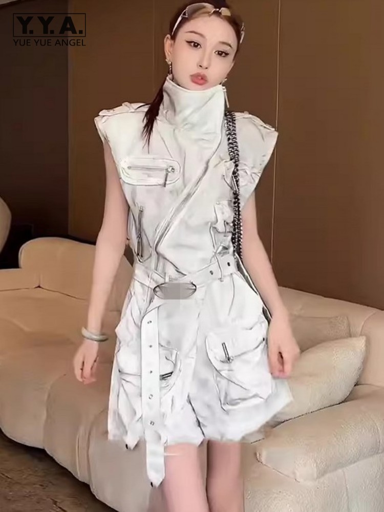 High Street Frauen Spiel anzüge ärmellose hohe Taille Reiß verschluss Stehkragen Sommer Mode lässig mehrere Taschen Cargo Stram pler weiblich