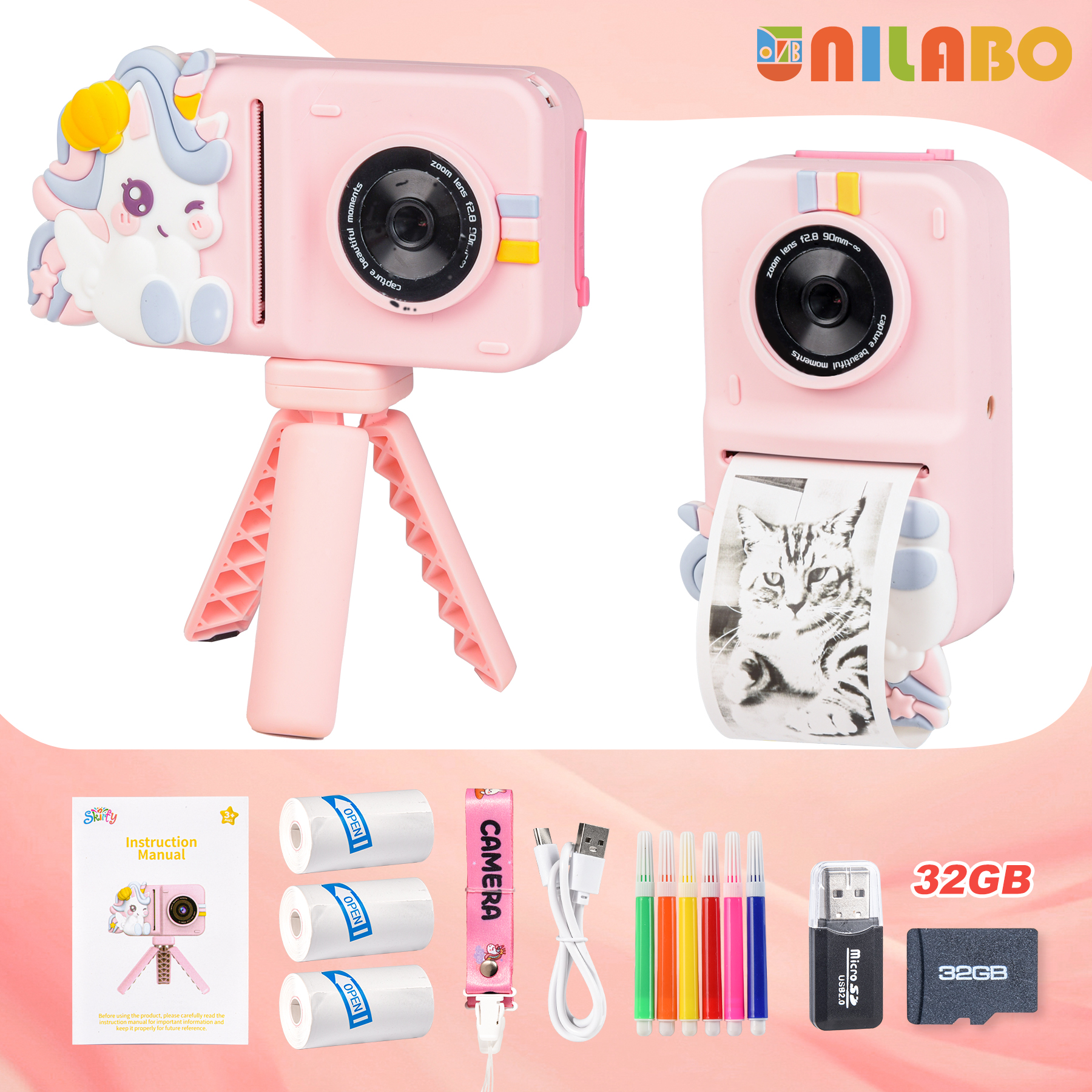 Unilabo Kinder-Sofortdruckkamera, Dual-Objektiv-Selfie 1080P-Video, tragbares Spielzeuggeschenk für Kinder von 3 bis 12 Jahren mit 3-Rollen-Papier und 32G-Karte
