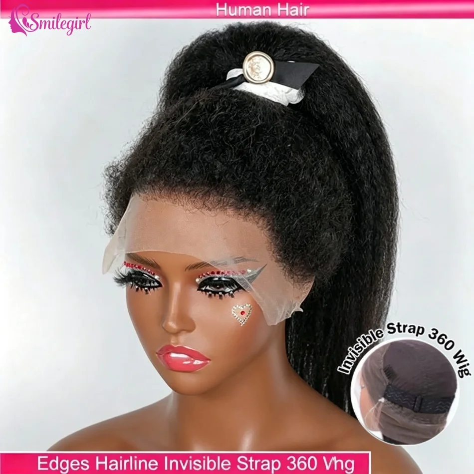 360 Lace Front Wigs Kinky Straight Human Hair Wigs 30 40 Inch 250% Density Brazilian 360 Full Lace Wigs Invisible Drawstring Natural Black