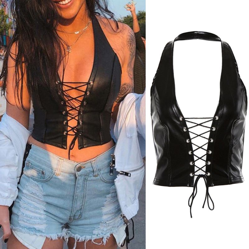 Frauen Punk Ärmelloses Crop Top Halter-Backless Faux Leder Lace-Up Hohl Weste Dropship
