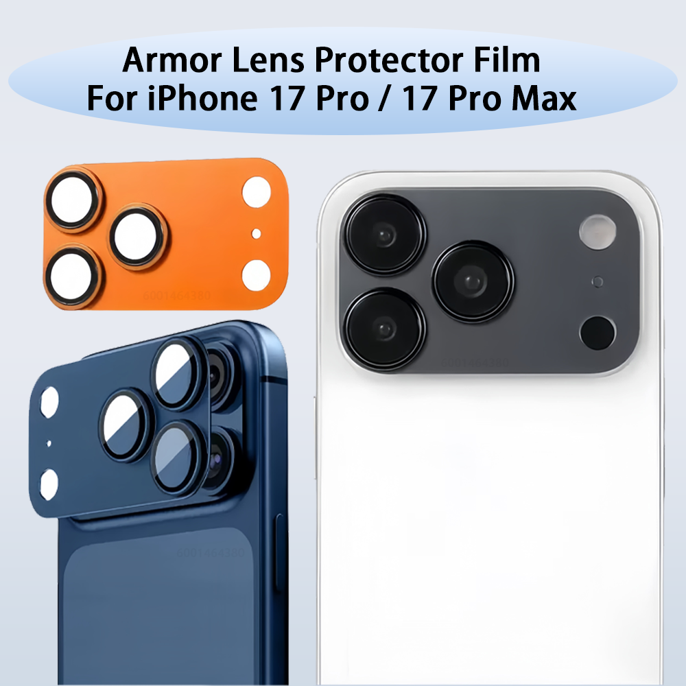 iPhone 17 Pro / 17 Pro Max用 アーマーカメラレンズプロテクターフィルム メタルケースリング付き背面レンズ強化ガラスフィルム オレンジ