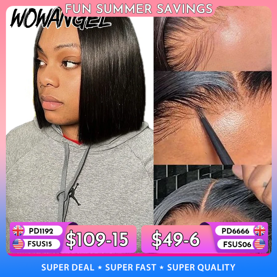 Wow Angel Wig penutupan renda HD 5x5 Bob pendek lurus Wig siap untuk pergi tanpa lem rambut manusia Wig undetecable prepped untuk wanita