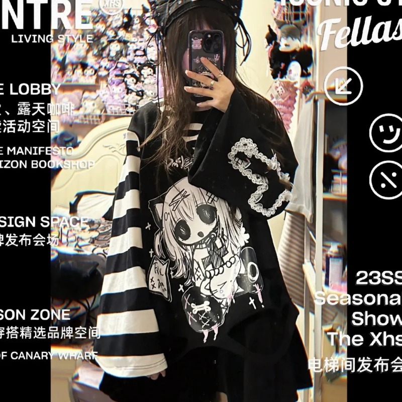 Gothic Original Subculture Cartoon Aesthetics Hoodie Lace Y2k Women Sweatshirt Japanese Kawaii Pullover Hooded Tops Black White