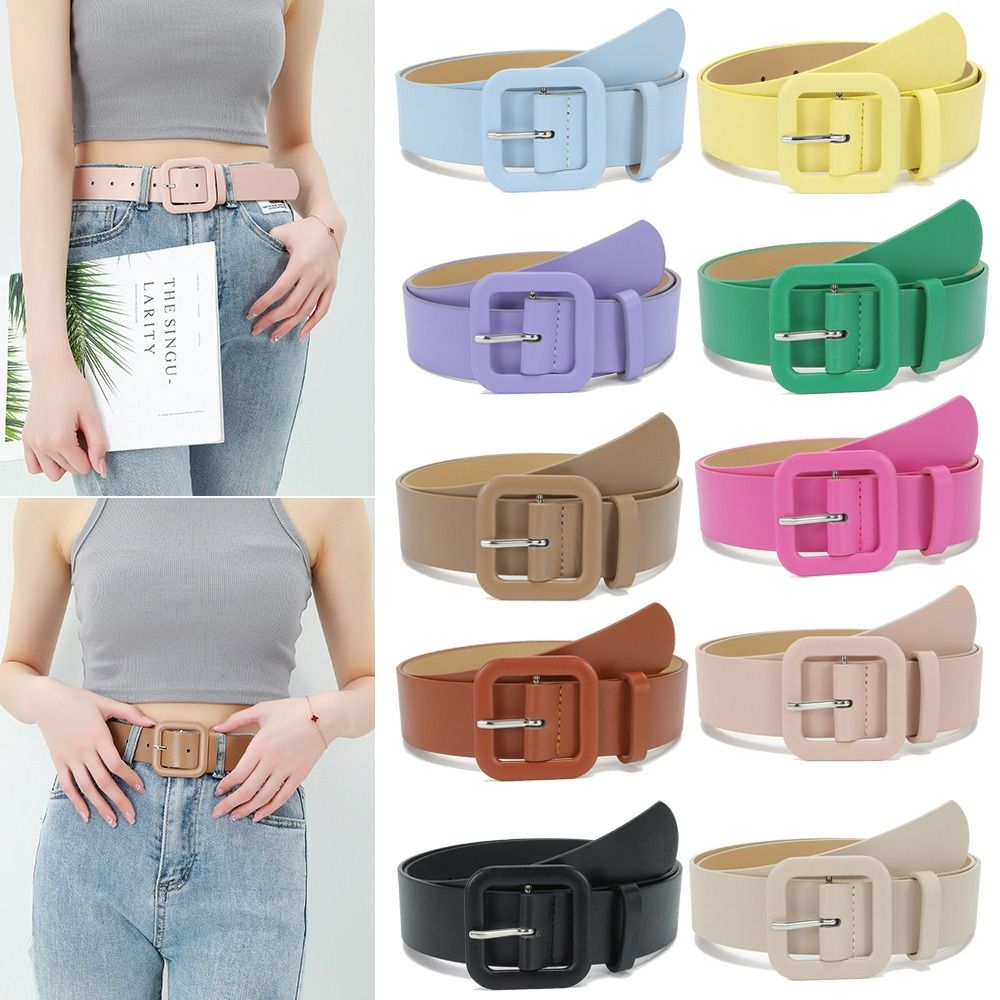 Ceinture en cuir pour femmes, Design de luxe, couleur bonbon, décontractée, fine, sangle, boucle carrée, pantalon, robe