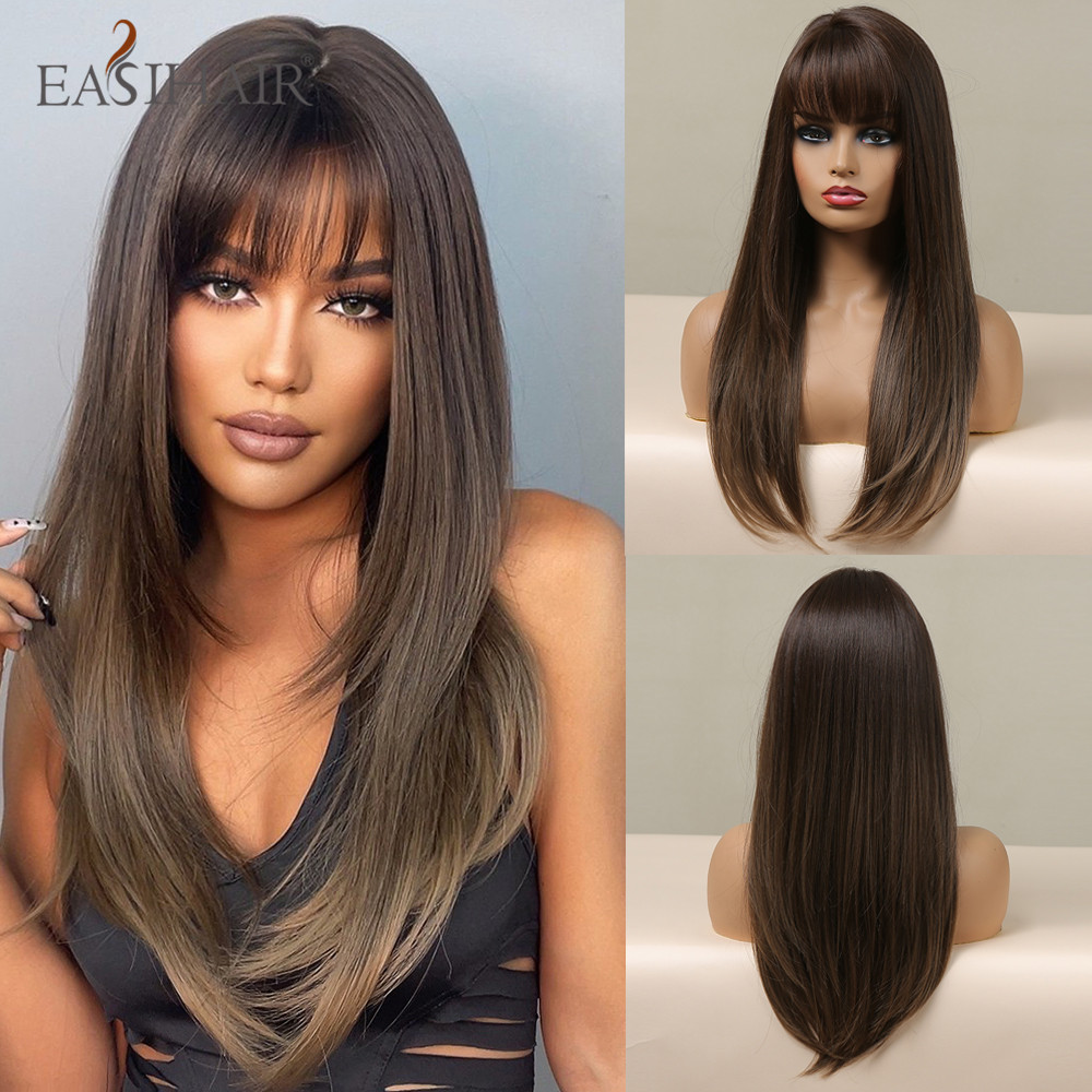 EASIHAIR Nâu Thẳng Tổng Hợp Bộ Tóc Giả Với Nổ Tự Nhiên Lớp Tóc Giả Dành Cho Phụ Nữ Hàng Ngày Cosplay Chịu Nhiệt Sợi