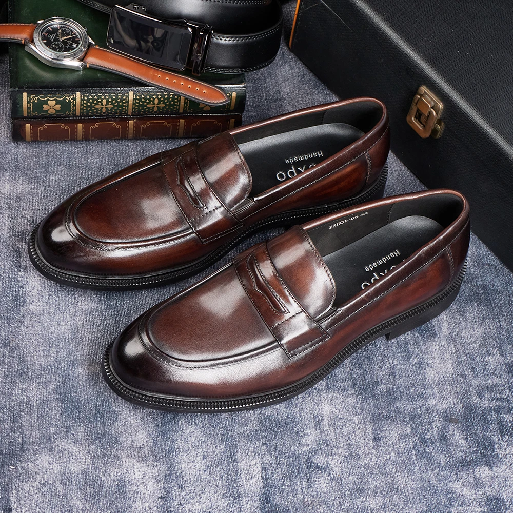 Zapatos de Cuero Formales para Hombres Mocasines Oxford de Estilo Británico Punta Redonda Transpirable Antideslizante Vestido de Negocios Zapatos Casuales de Oficina de Boda