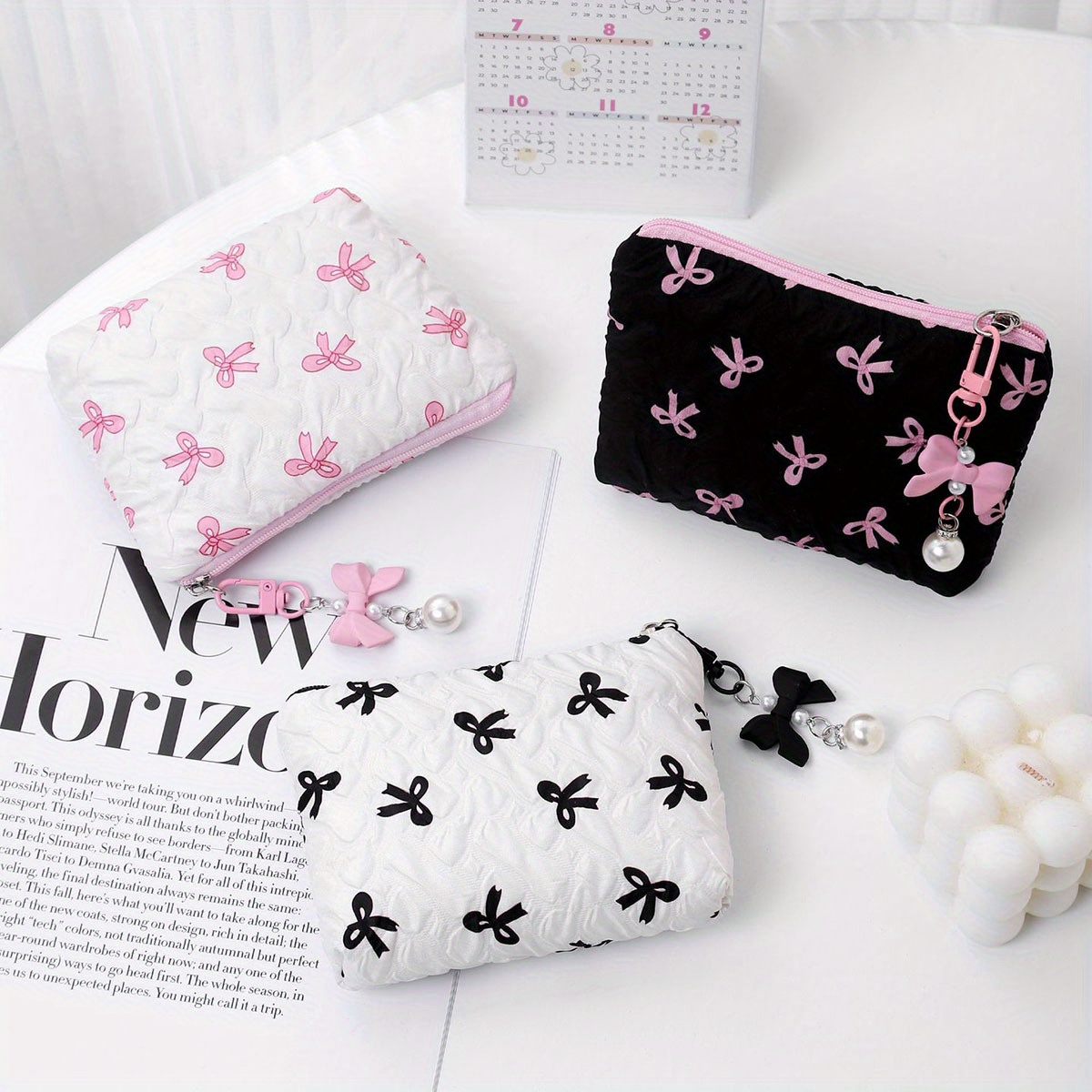 Bolsa de maquillaje con lazo bordado, alto nivel de apariencia, bolsa de almacenamiento para monedero, bonita, de gran capacidad, bolsa de maquillaje de alta gama