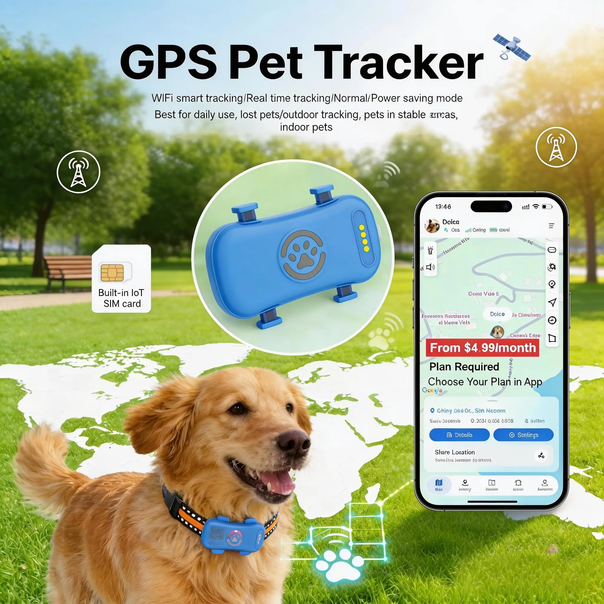 เครื่องติดตามสัตว์เลี้ยง GPS 4G สำหรับสุนัขและแมว พร้อมซิมในตัว ติดตามตำแหน่งแบบเรียลไทม์ ระบุตำแหน่งบ้านผ่าน WiFi กันน้ำระดับ IP67 ต้องสมัครแพ็กเกจ