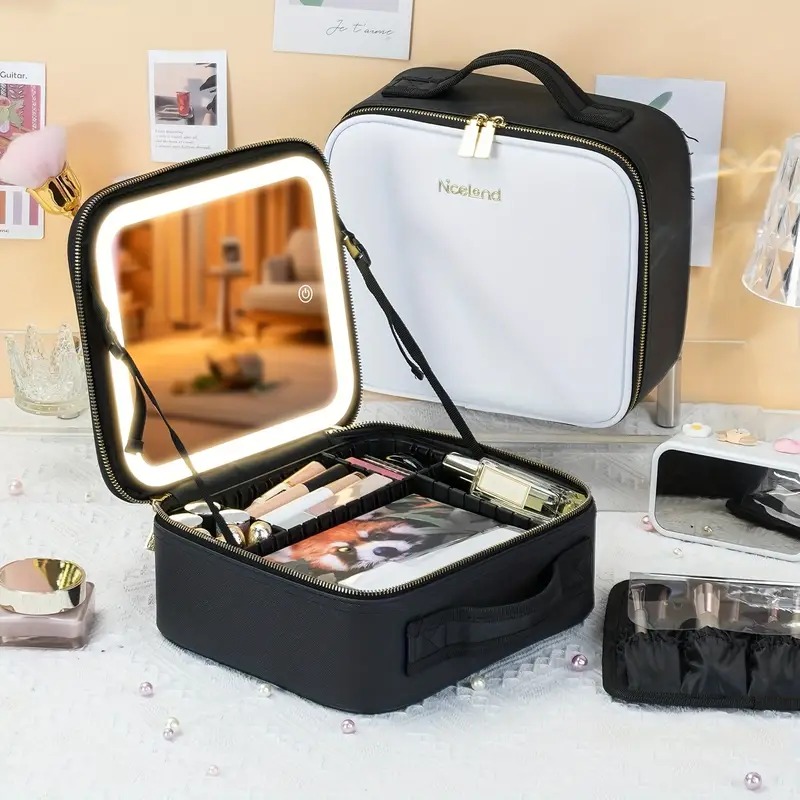 Tas kosmetik Travel Portabel 3 warna dengan cermin dan lampu LED isi ulang-tahan air, tidak beraroma, dan bertenaga baterai Lithium