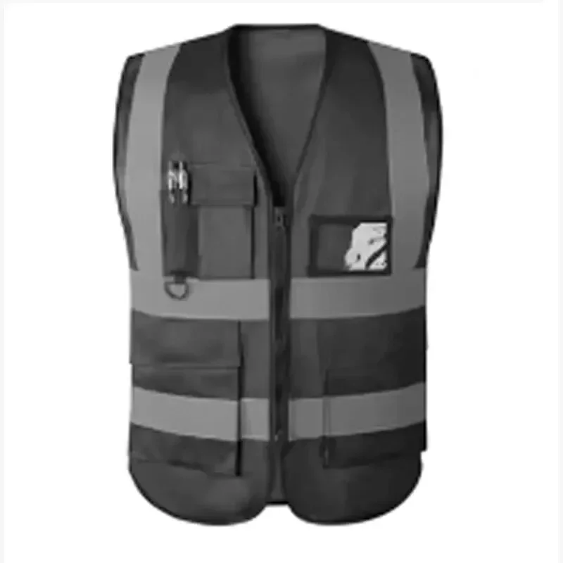 Black Reflective Vest for Traffic Riding Multi-pocket Zippered Safety Vest with Overall Design