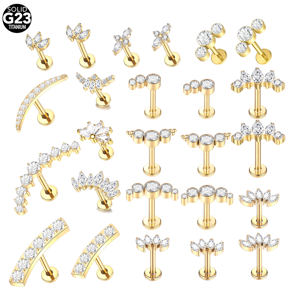1PC Titanio Zircone Labret Piercing Anelli per labbra Colore oro CZ Cartilagine Helix Lobe Conch Orecchino Della Vite Prigioniera Piercing Gioielli da donna 16G