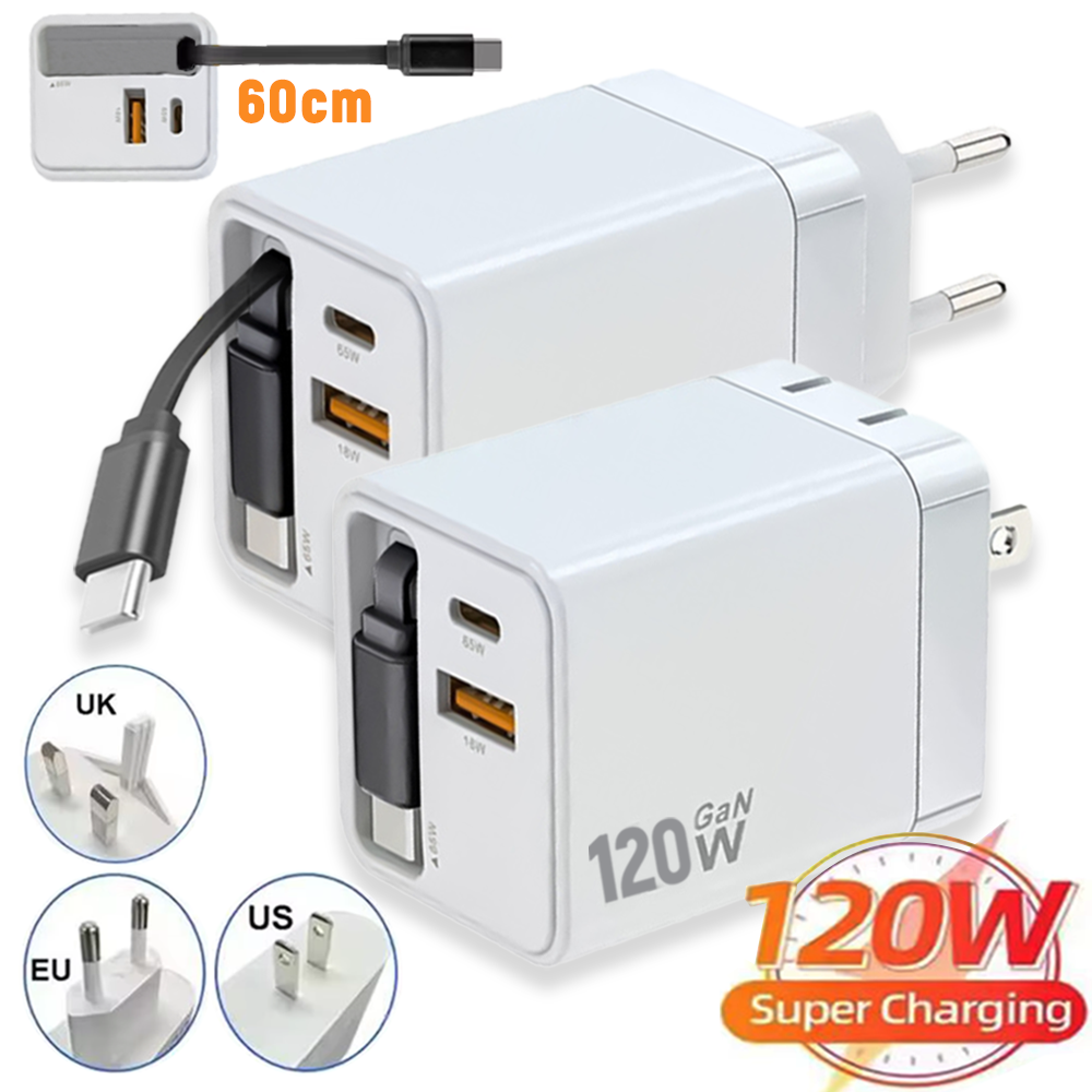 120W GaN USB C Fast Charger with Retractable Type C Cable Fast Charger for IPhone 17 16 15 Samsung Xiaomi Huawei Phone Laptop