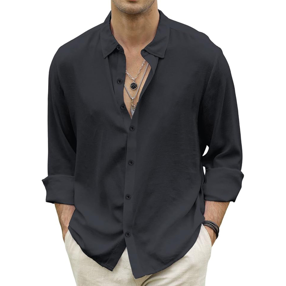 Kemeja pantai pria, katun Linen kasual longgar warna Solid lengan panjang pria musim gugur Hawaii pakaian jalanan