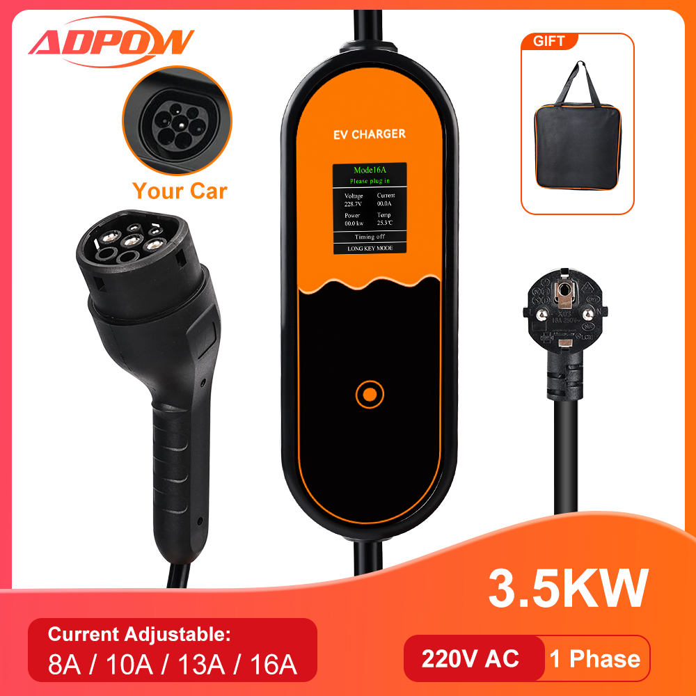 Adhow ev carregador portátil type2 conector plugue da ue 16a 1 fase 3.5kw 3m estação de carregamento wallbox para carro veículo elétrico