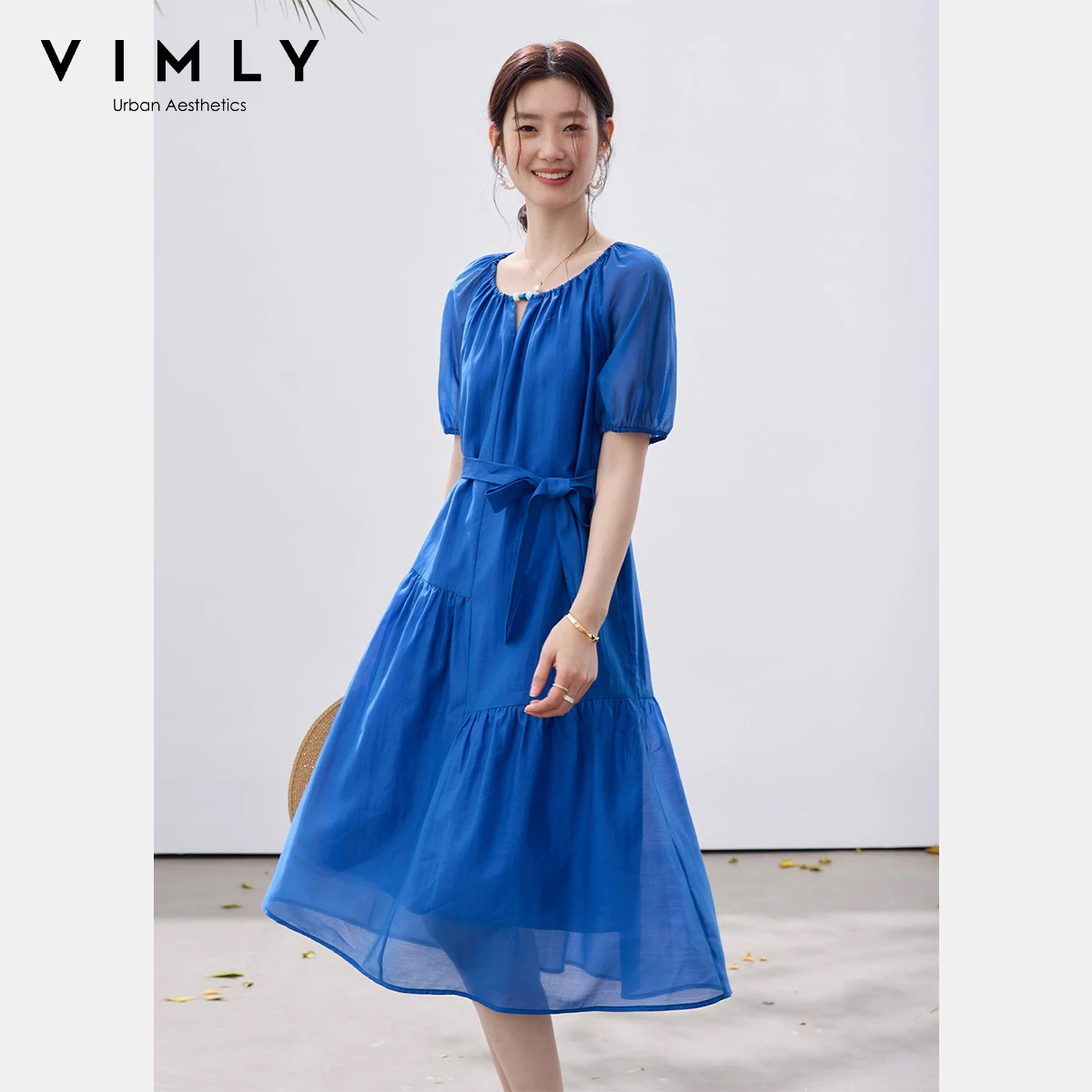 VIMLY Sommerkleid für Damen in Klein-Blau 2026 Neu Kurzarm A-Linie Französischer Taillenbund Puffärmel Midi-Kleider A5229