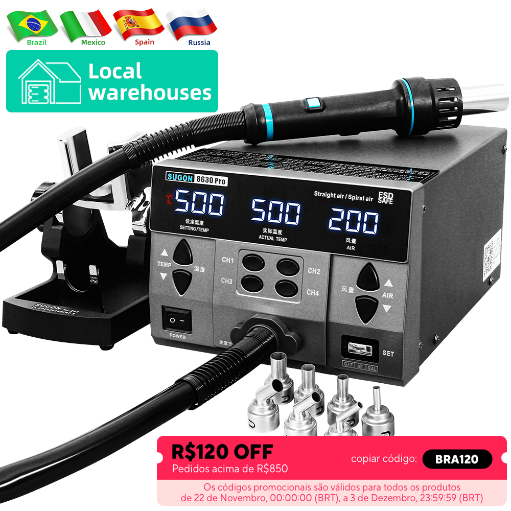 SUGON 8630Pro 1300W pistola de aire caliente pantalla Digital Estación de Reparación BGA boquilla curva Estación de Desoldar de reparación de soldadura