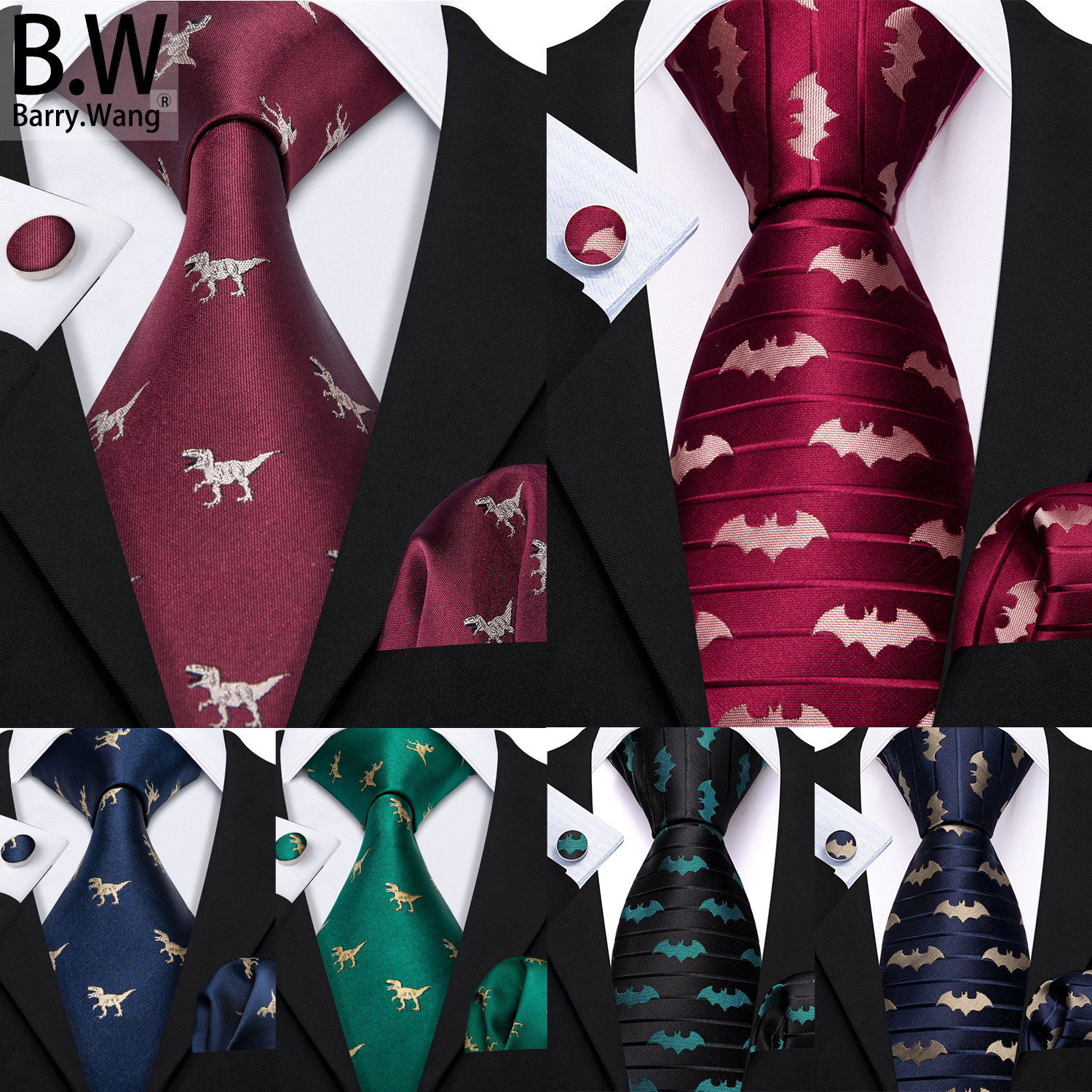 wang novidade seda masculina gravata lenço abotoaduras conjunto jacquard animal dinossauro morcego gravat gravata para negócios de casamento masculino