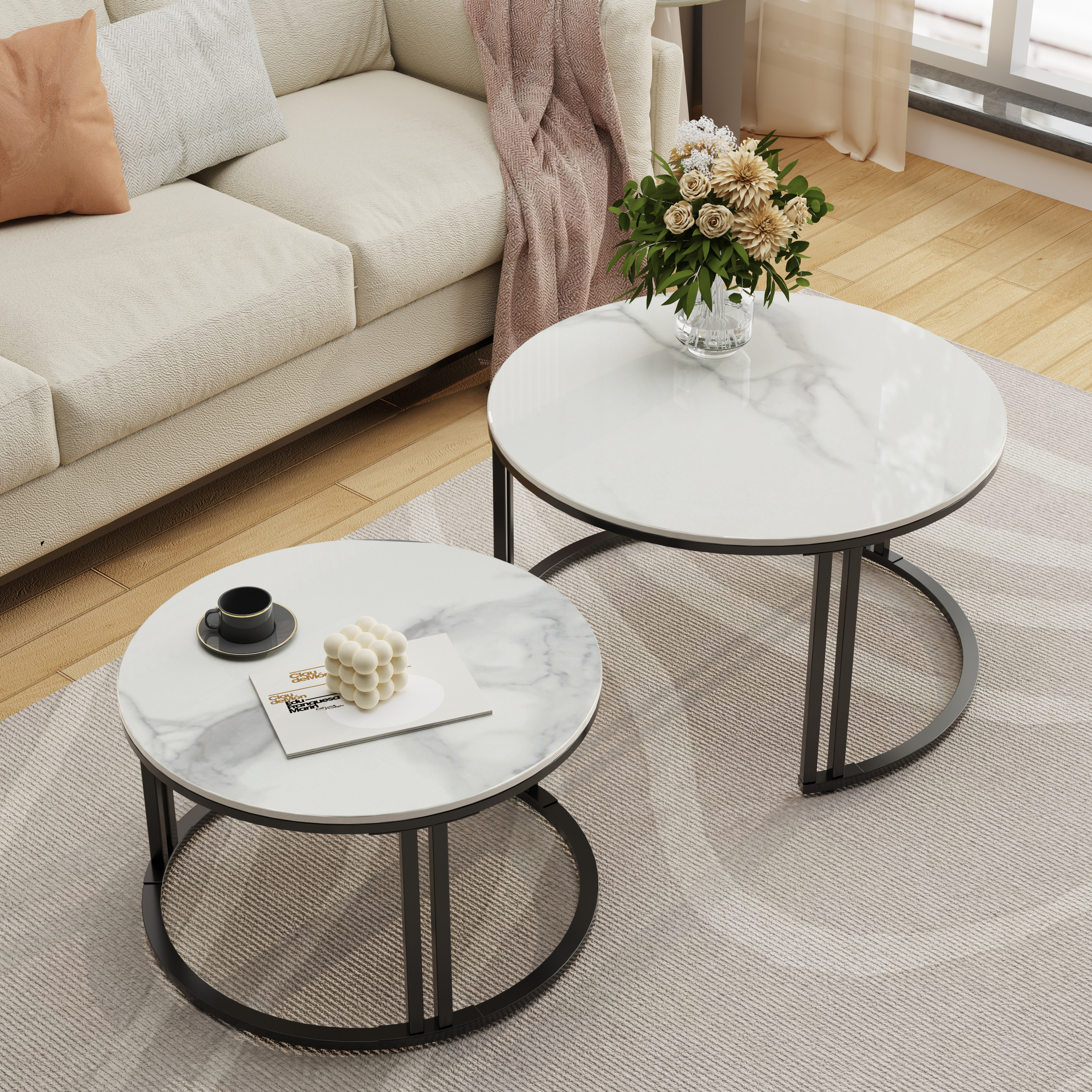 Conjunto de 2 mesas de centro gigantes modernas Wisfor, mesa central com tampo de pedra sinterizada e base de metal para salas de estar, apartamentos