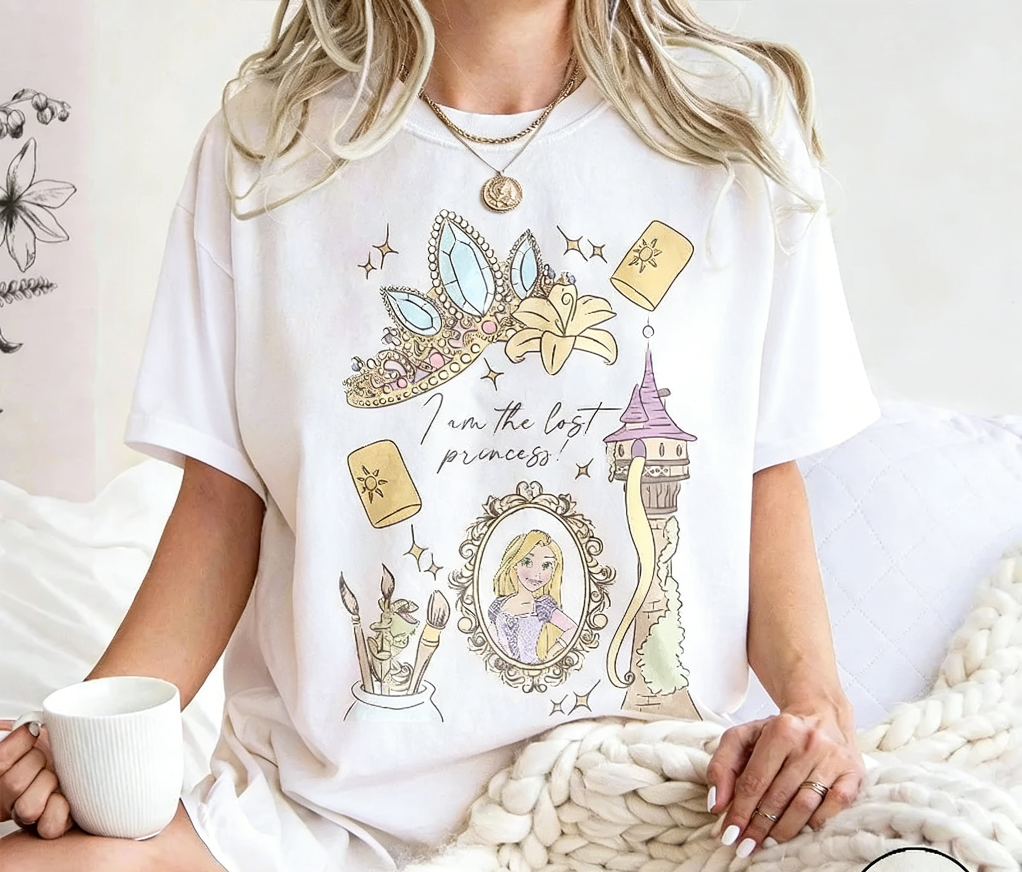 Camiseta de algodón retro francesa de princesas Disney para adultos y niños, Rapunzel Tower, Tatiana Castle, Crown Line Art