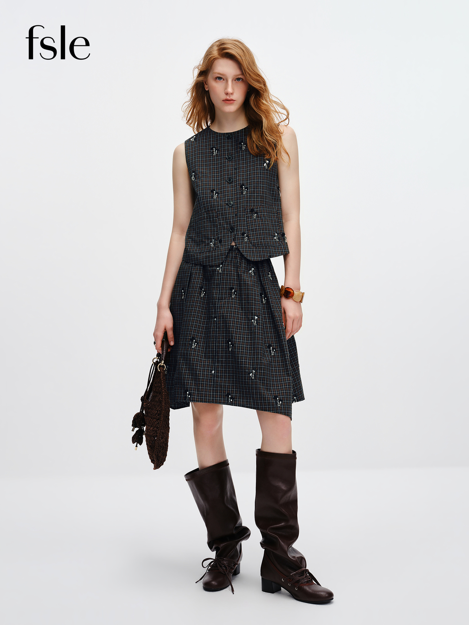FSLE 【Premium-Serie】 Damen-Set aus schwarzem Tweed mit Perlen und Karomuster, Weste und Rock, Sommer 2026, Neu, Vintage-Stil |   Elegantes Damen-Zweiteiler-Outfit