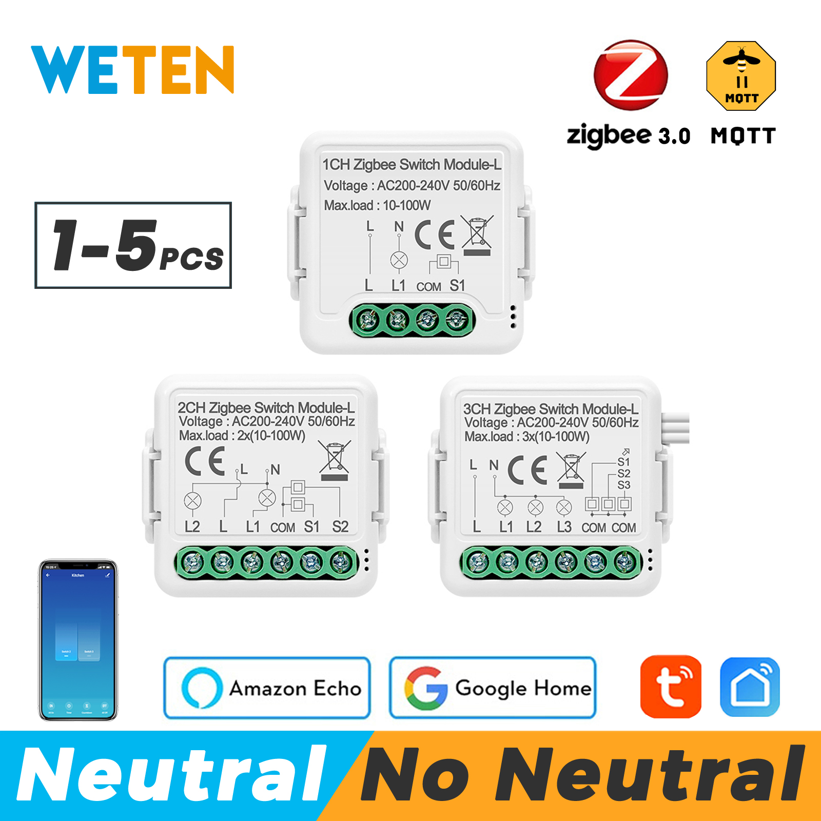 Kein neutraler Tuya Zigbee 3.0 Smart Light Mini-Schaltmodul 1 2 3-Gang, unterstützt Home Assistant über Zigbee2mqtt Alexa Google Home